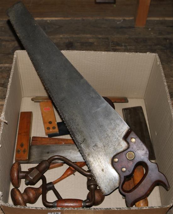 Old American piston saw, braces, spoke shaves, rulers, etc